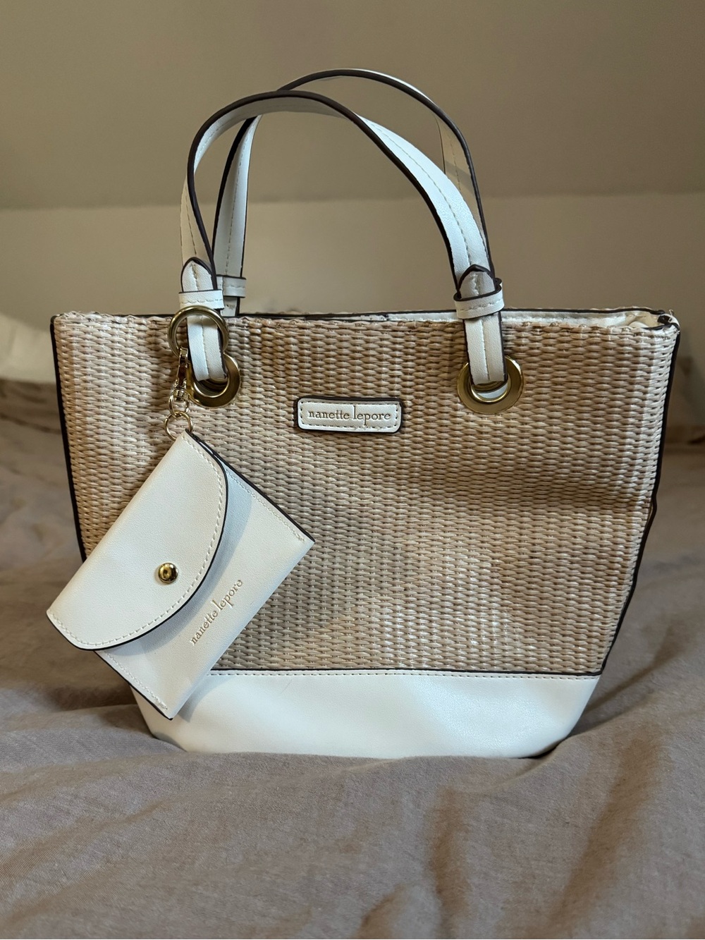 Nanette Lepore Cream Woven Tote with Coin Pouch